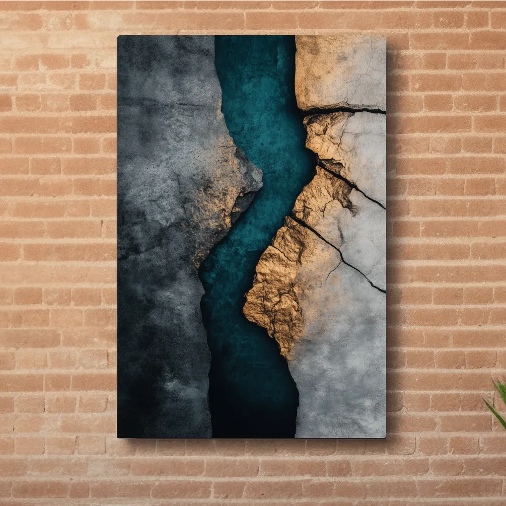 Cracked stone and turquoise abstract wall art, natural geological textured artwork