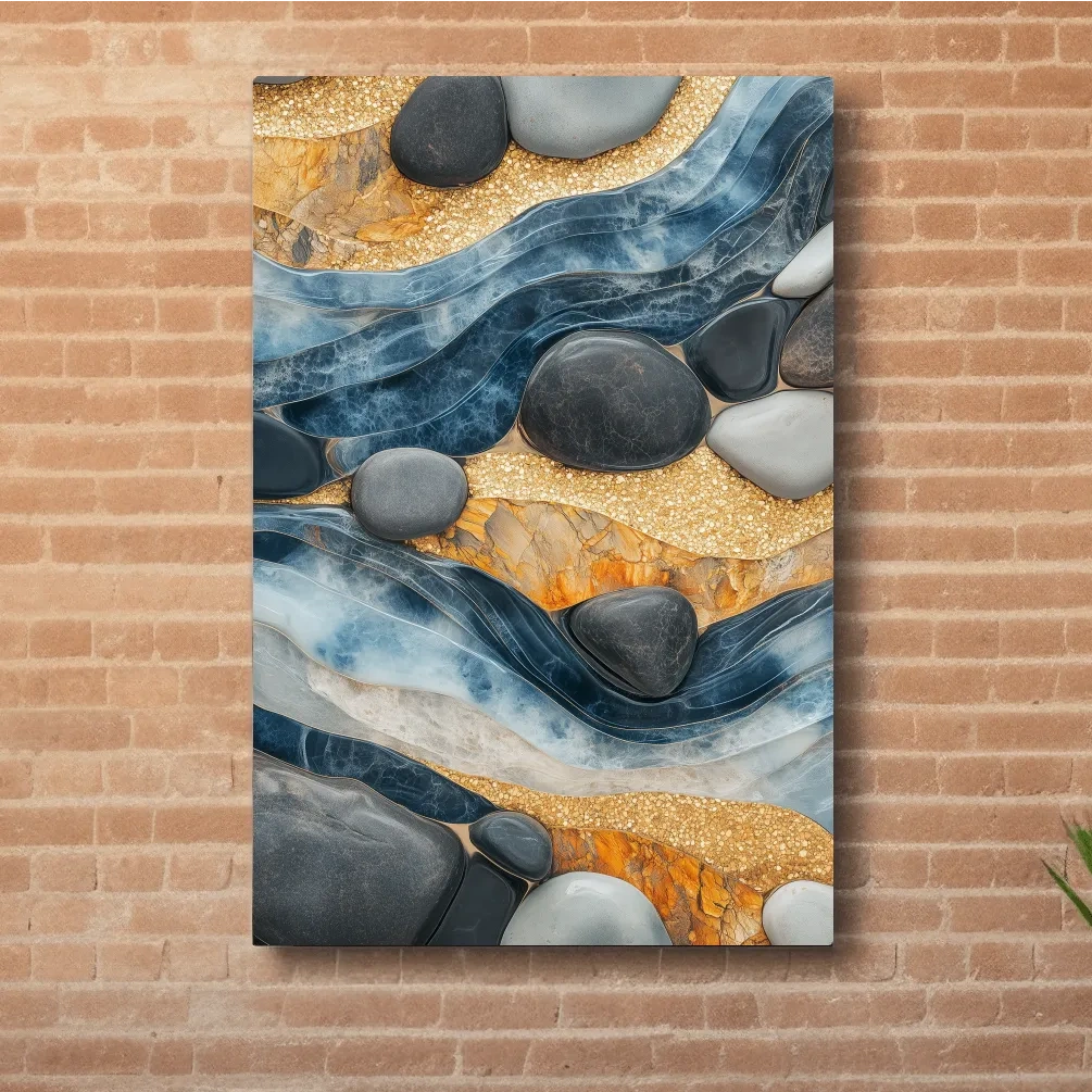 Abstract Blue River Stone Mosaic - Modern Pebble Texture Wall Art