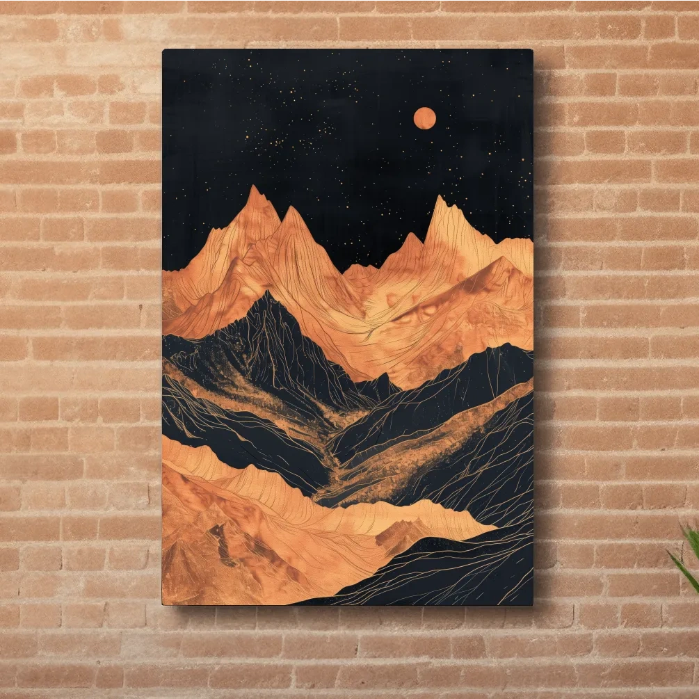 Moonlit elegant mountain artwork, metallic block print effect
