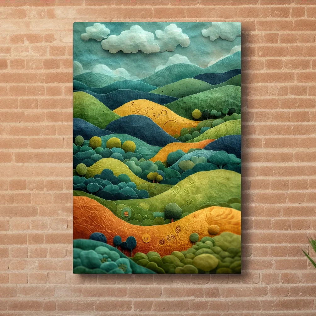 Abstract surreal mountain scene artwork, whimsical landscape in 3D layered style