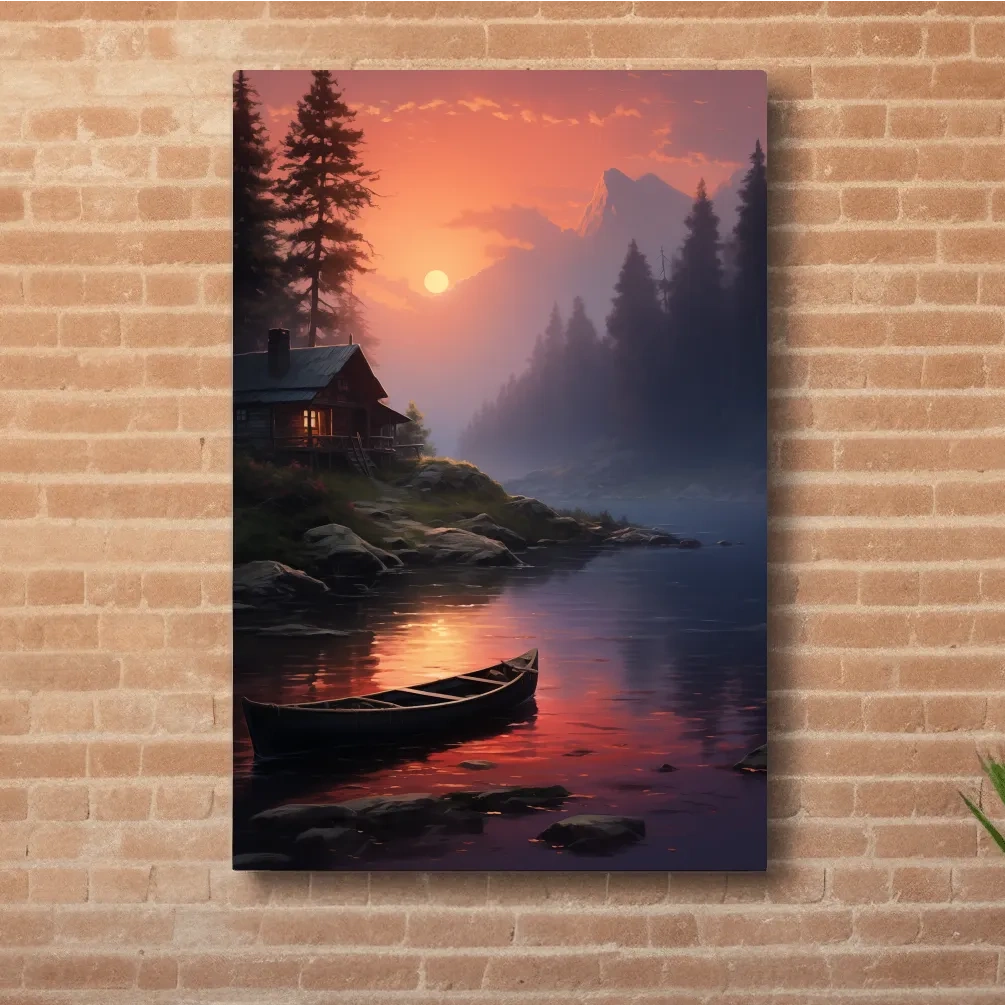 Beautiful painting of a cabin on a misty lake at sunset