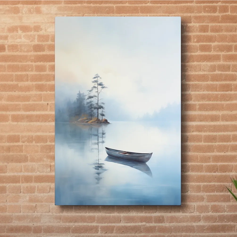 Watercolor painting, canoe on a misty lake, serene wall artwork