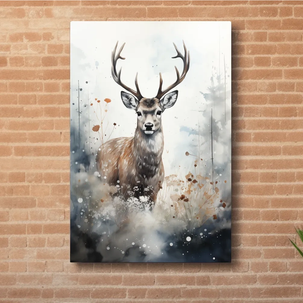 Rough textured watercolour painting of a deer buck standing in the forest