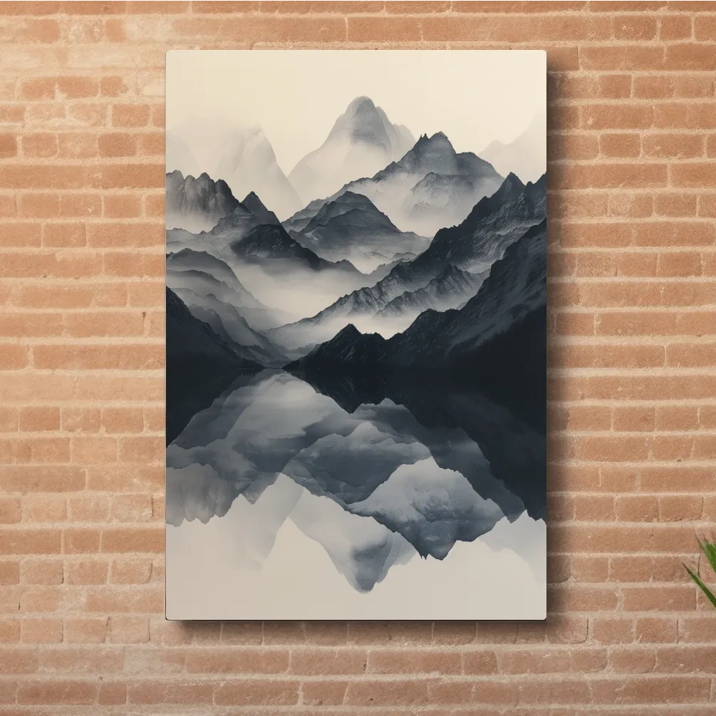 Japandi style mountain artwork, reflective mountain ranges