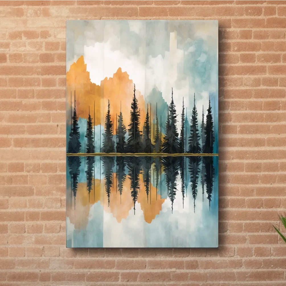 Abstract watercolour painting of trees along a lake
