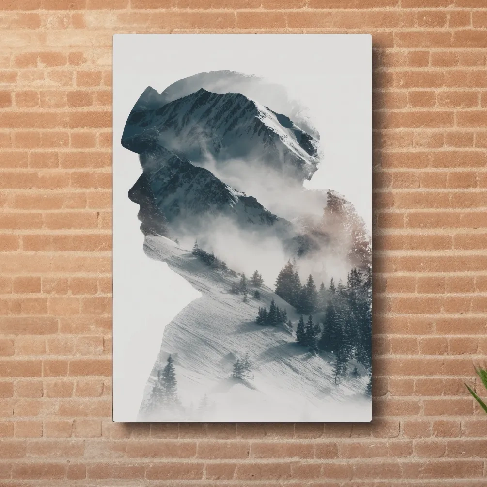 Mountain and skier double exposure wall artwork, blending snow-capped peaks and alpine trees