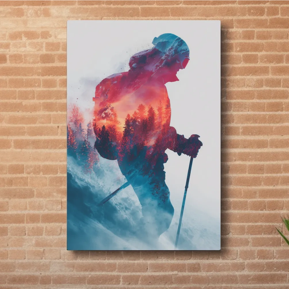 Skiing photography wall artwork, vibrant double exposure sunset and forest scene
