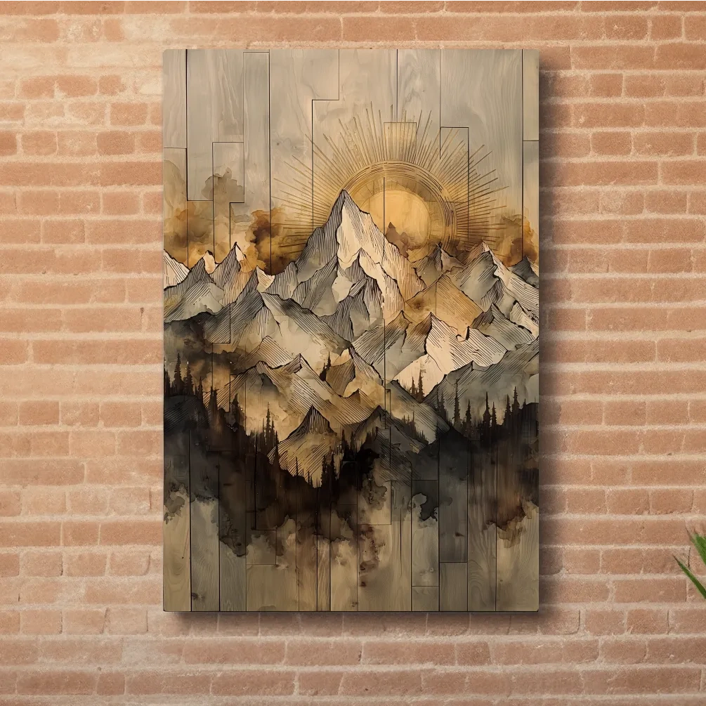 Rustic mountain peak artwork, sunlit layered wooden panel texture effect