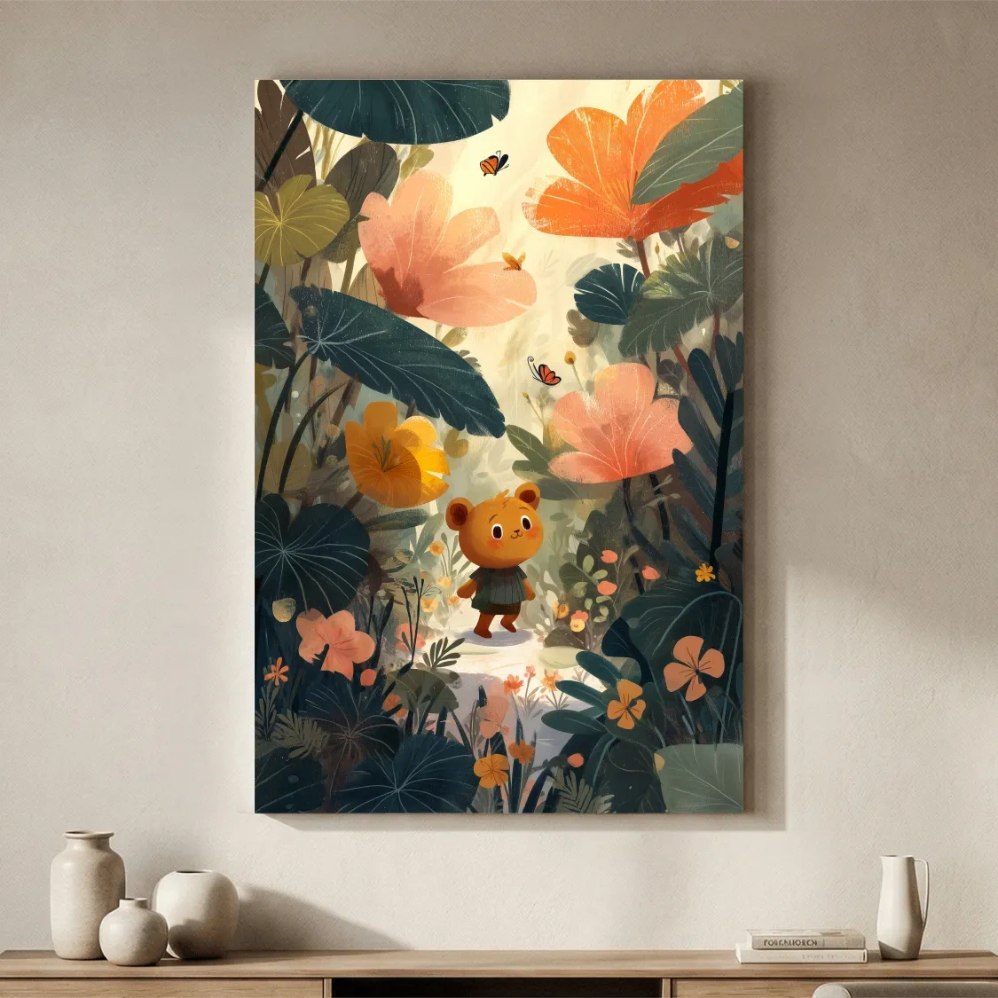 Whimsical Teddy Bear In Enchanted Garden - Cute Childrens Nursery Wall Art