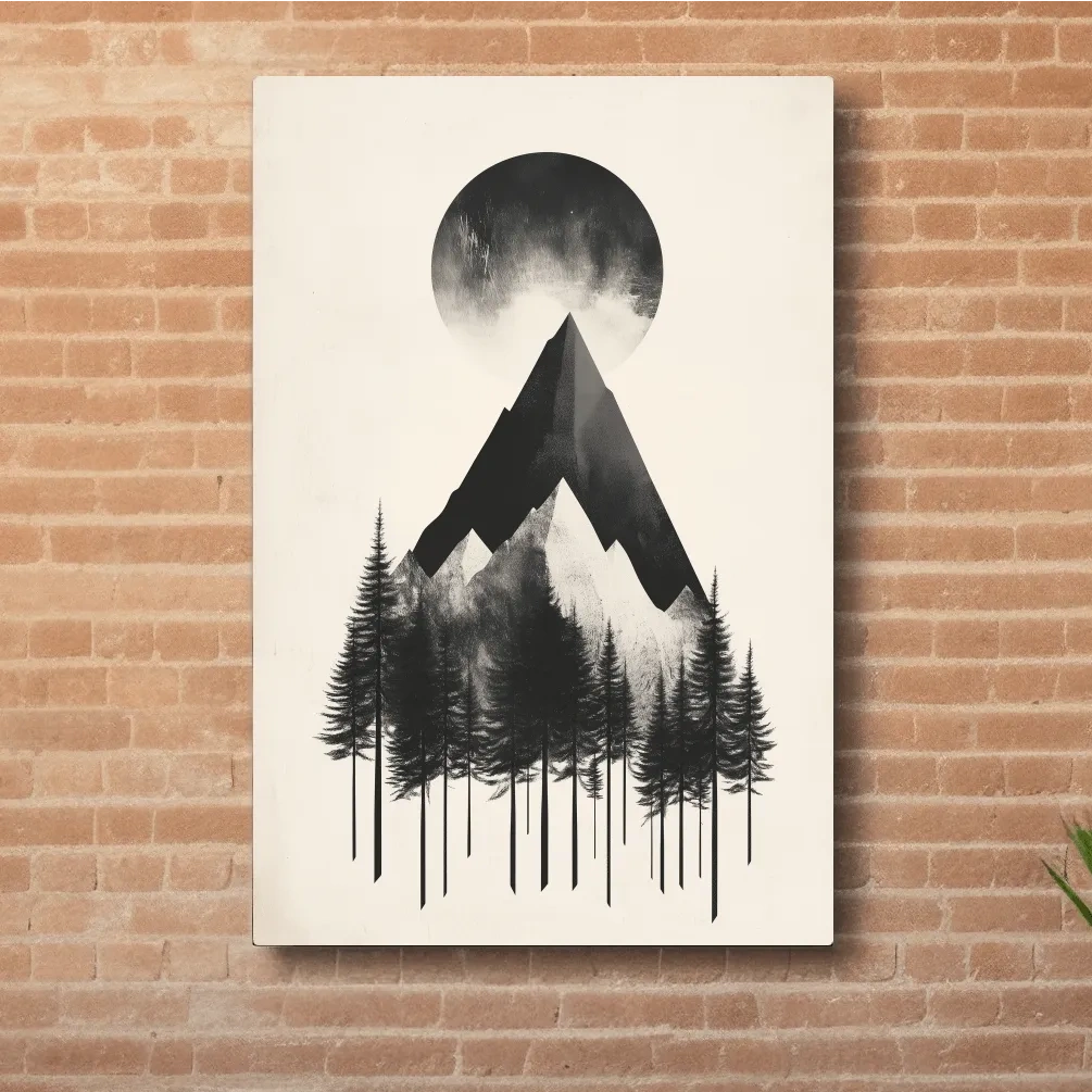 Minimalist Monochrome Mountain Peak & Pine Forest - Modern Scandinavian Style Wall Art