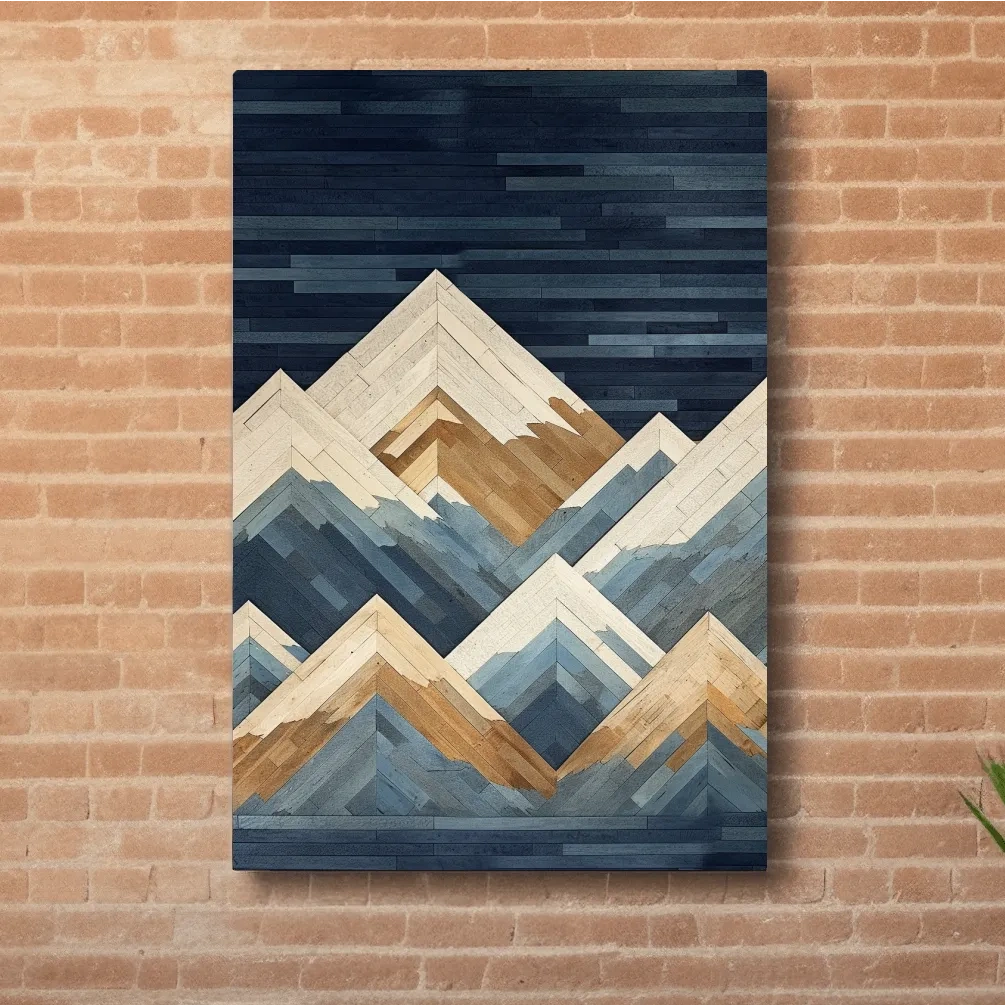 Geometric Layered Mountain Peaks - Wood Texture Landscape Wall Art