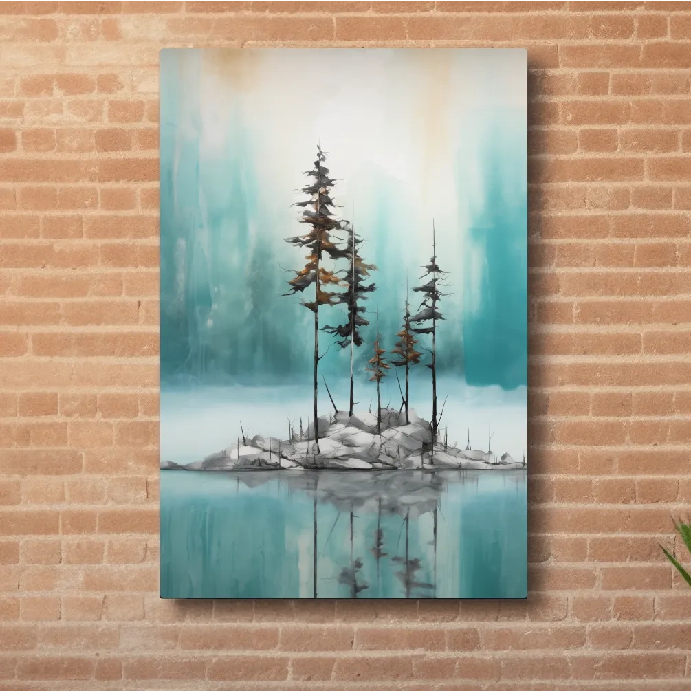 Misty Pine Trees Reflection - Watercolor Turquoise Alpine Lake Wall Art