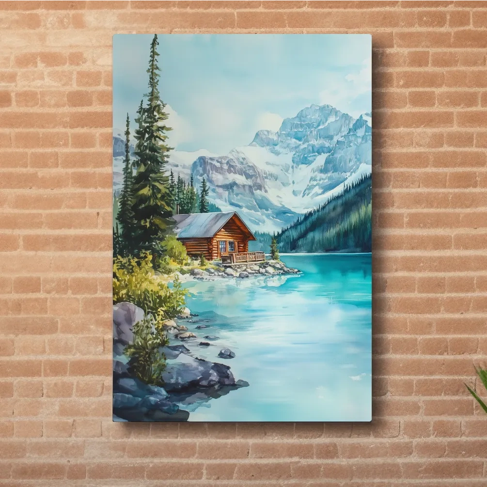 Turquoise Alpine Lake Cabin Watercolor - Serene Snowy Mountain Wall Art