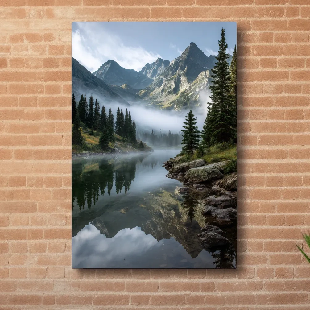 Misty Alpine Lake Photography - Serene Mountain Forest Wall Art