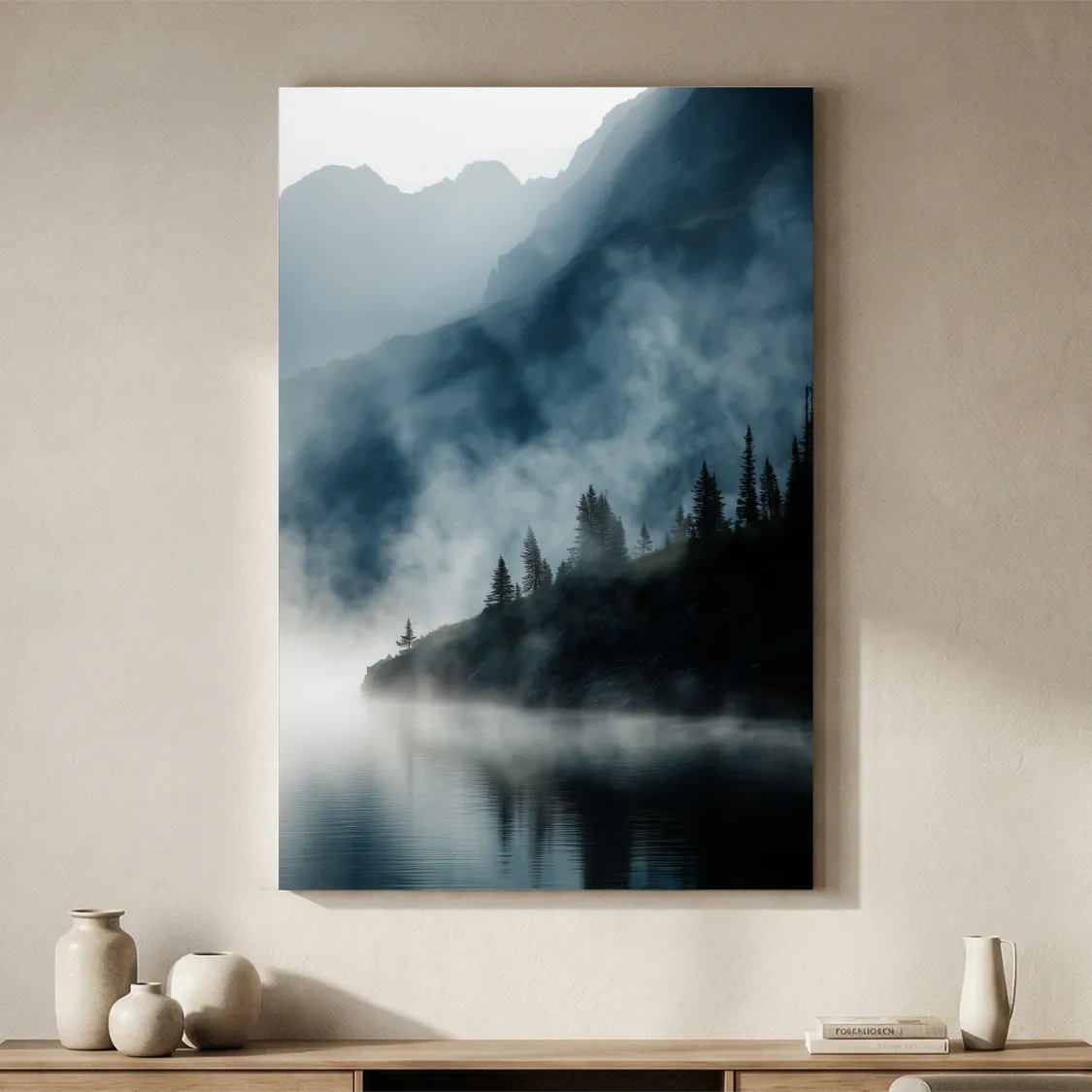 Misty Alpine Lake Landscape Photography - Foggy Pine Forest Nature Wall Art