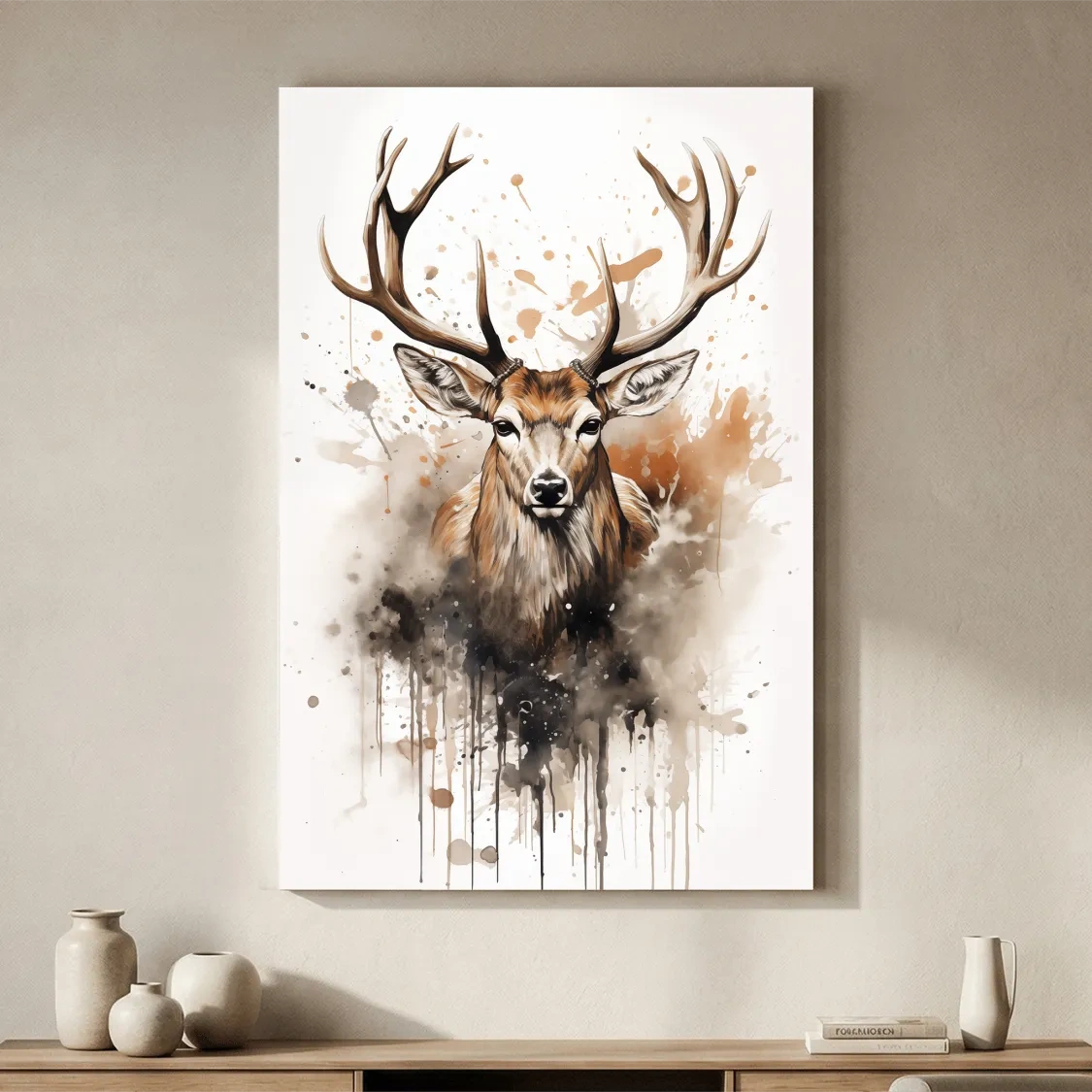 Majestic Stag Watercolor Splash Painting - Rustic Wildlife Wall Art