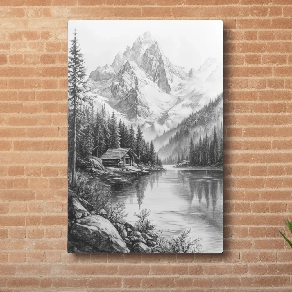 Monochrome Alpine Lake Cabin Sketch Art - Mountain Drawing Wall Art