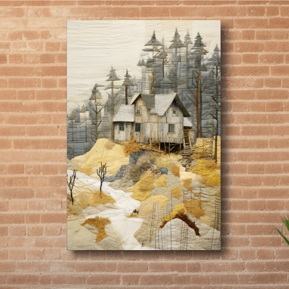 Rustic Woodland Cabin Landscape Quilt Art - Patchwork Style Mixed Media Wall Art