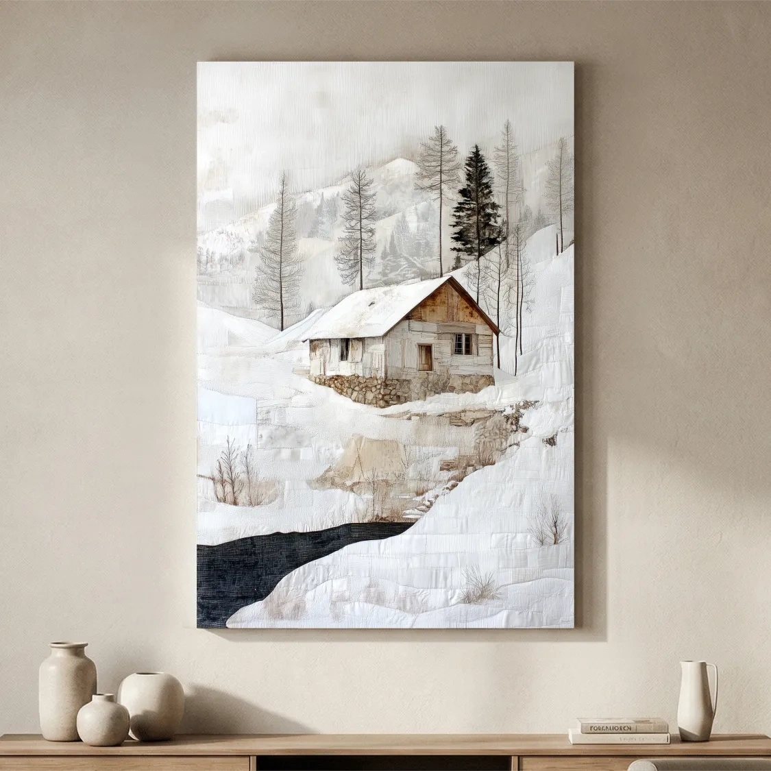 Snowy Mountain Cabin Textured Painting - Winter Landscape Wall Art