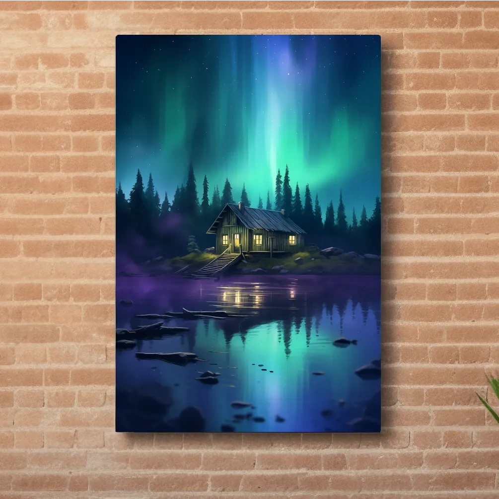 Vibrant Northern Lights Cabin Lake Painting - Aurora Borealis Night Wall Art