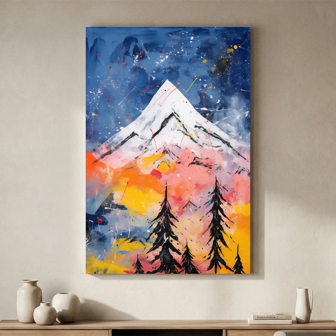 Vibrant Abstract Mountain Peak Sunset Painting - Colorful Acrylic Splash Forest Wall Art