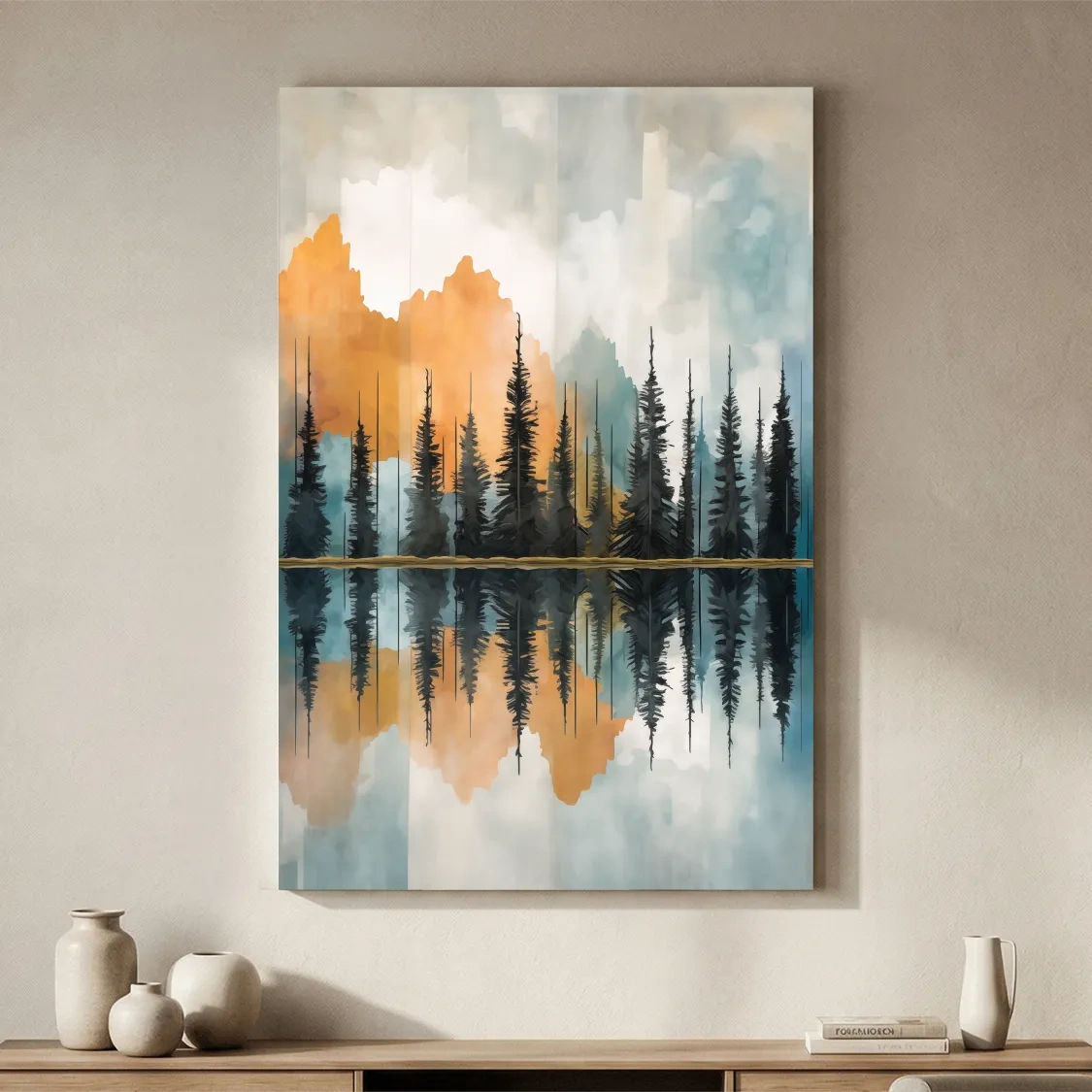 Abstract Watercolor Mountain Lake Reflection - Alpine Forest Landscape Artwork