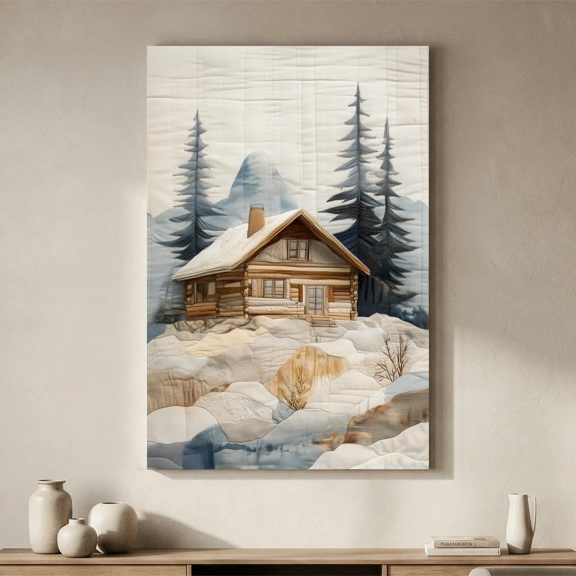 Rustic Winter Cabin In Snowy Pines - Textured Patchwork Fabric Effect Wall Art