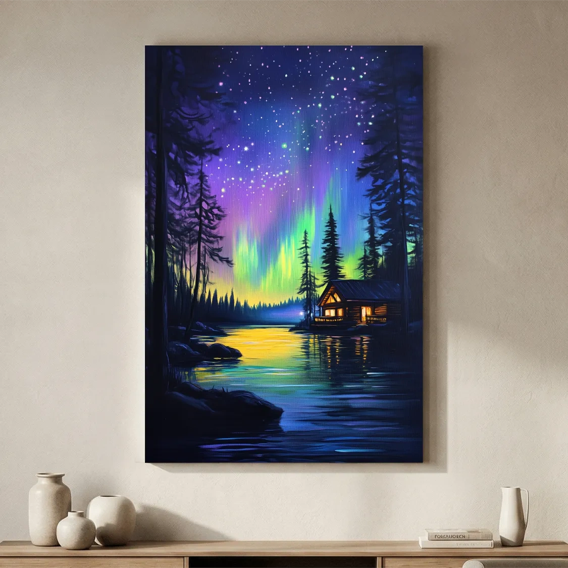 Vibrant Northern Lights Lakeside Cabin Painting - Aurora Borealis Night Landscape Wall Art