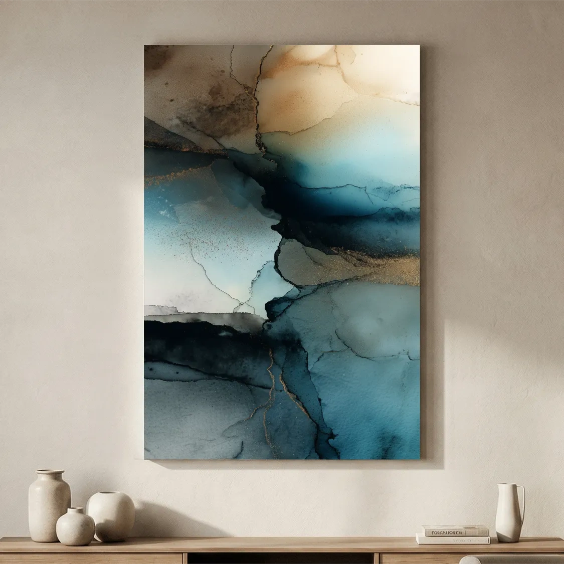 Moody Teal Ink Wash Abstract - Alcohol Ink Style Mountain Wall Art