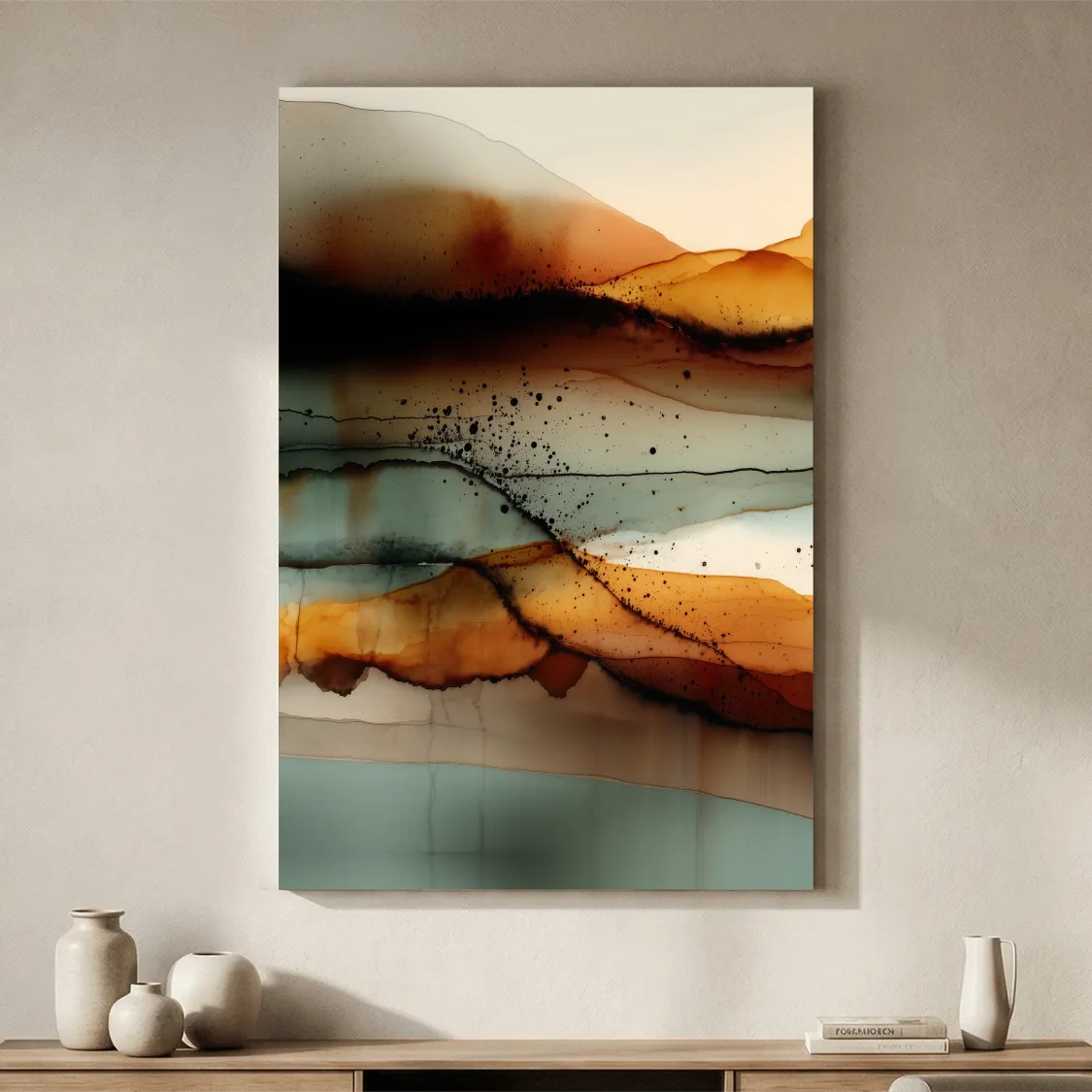 Earth Tone Ink Wash Mountain Landscape - Abstract Modern Wall Art