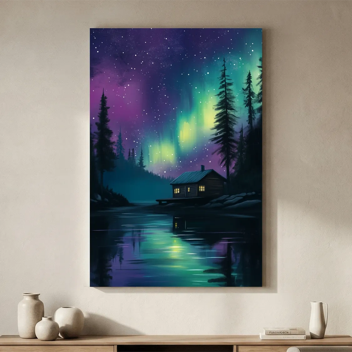 Aurora Borealis Lake Cabin Painting - Northern Lights Wall Art