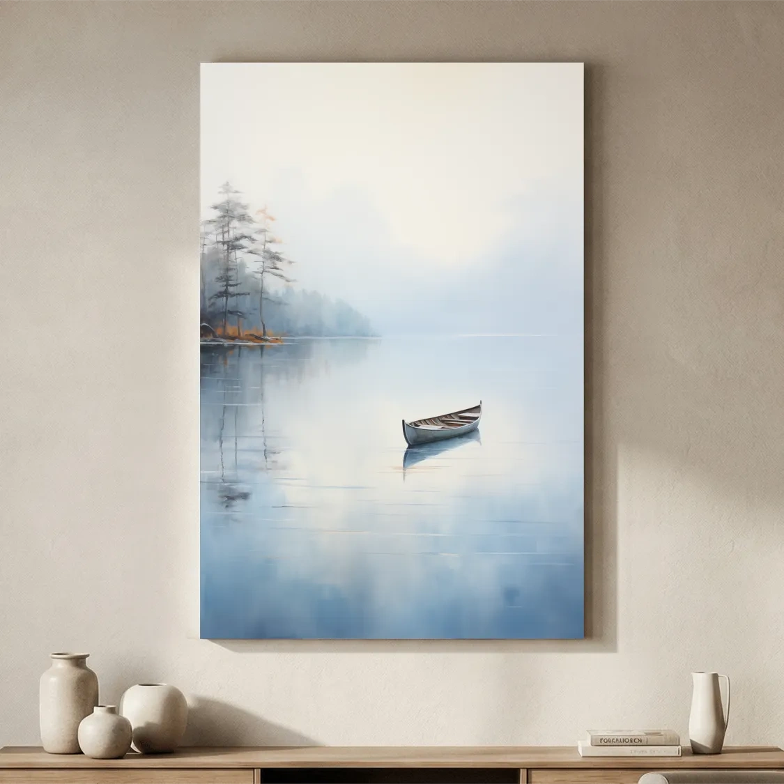 Misty Lake Canoe Reflection Painting - Serene Minimalist Waterscape Wall Art