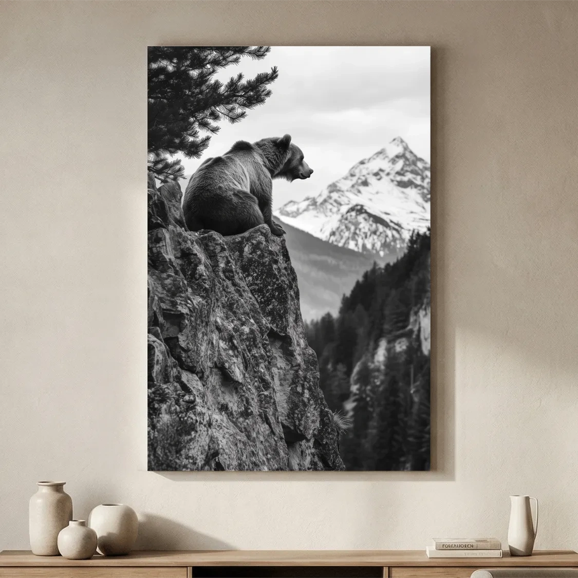 Black And White Grizzly Bear Photographic Artwork - Alpine Wildlife Wall Art