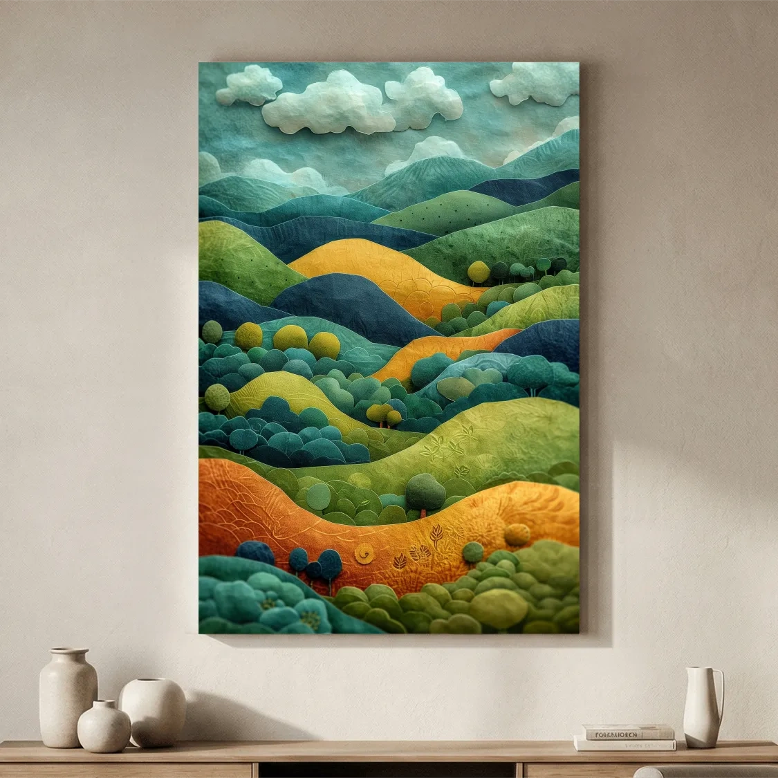 3D Layered Paper Cut Style Mountain Artwork - Whimsical Surreal Landscape Wall Art