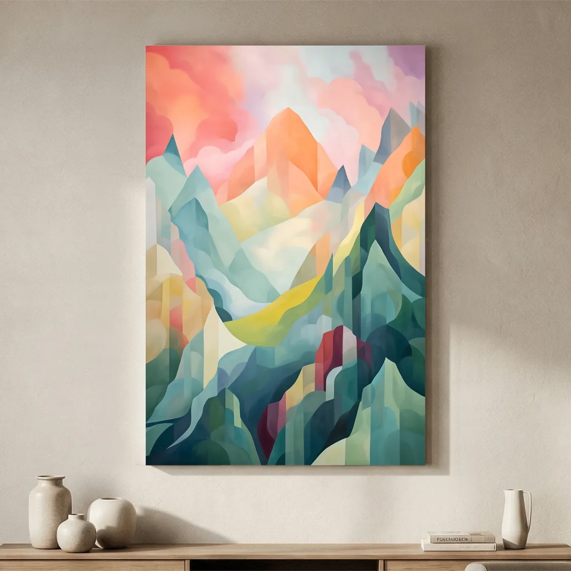 Vibrant Abstract Pastel Mountain Sunset - Geometric Watercolor Style Wall Art