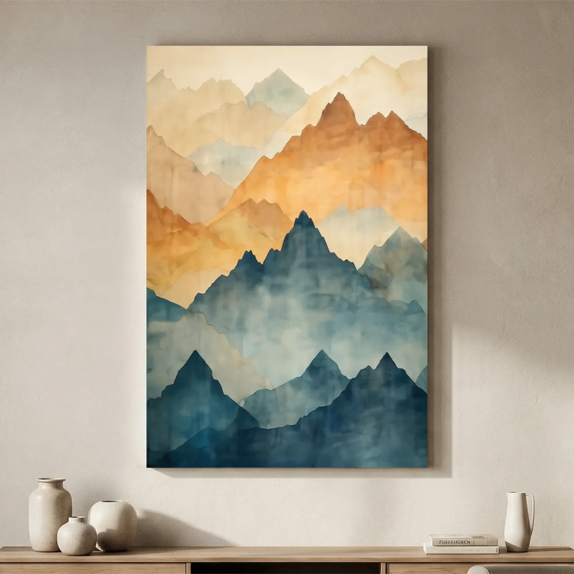 Foggy Layered Mountain Watercolor Landscape - Abstract Wall Art