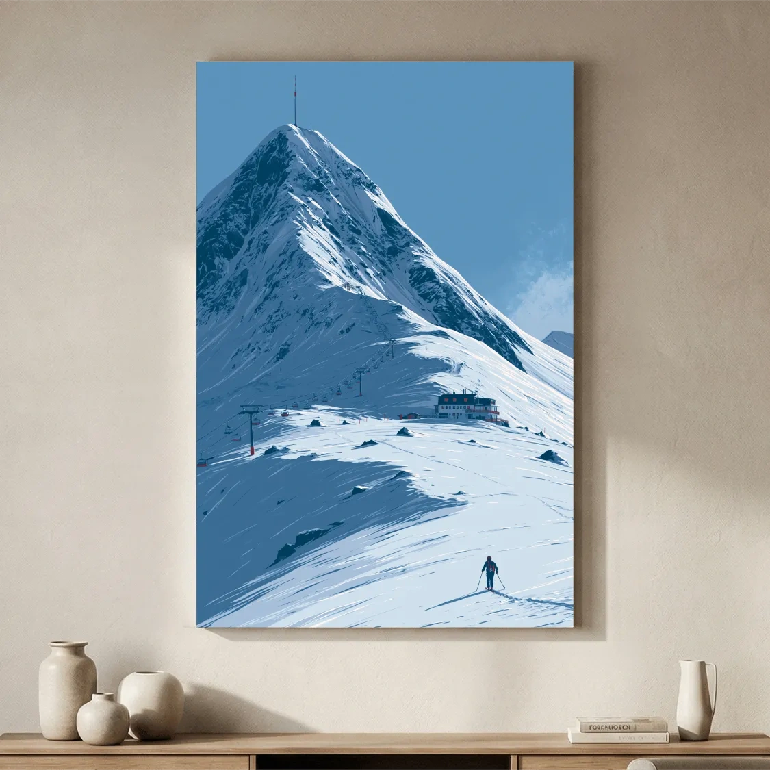 Alpine Mountain Skier Artwork - Minimalist Winter Landscape Wall Art