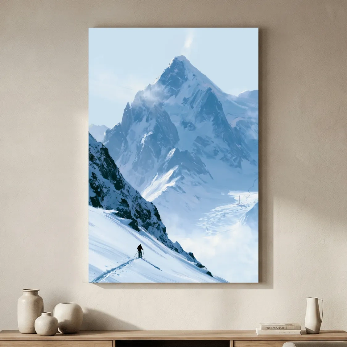Backcountry Skier Alpine Peak Landscape - Minimalist Winter Mountain Wall Art