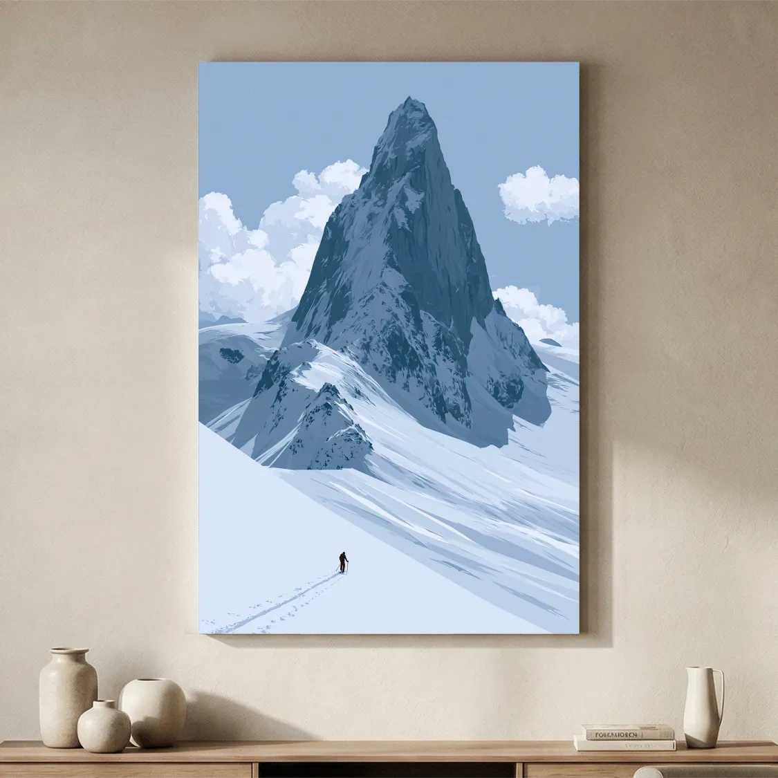 Backcountry Alpine Skier Illustration - Minimalist Mountain Landscape Wall Art