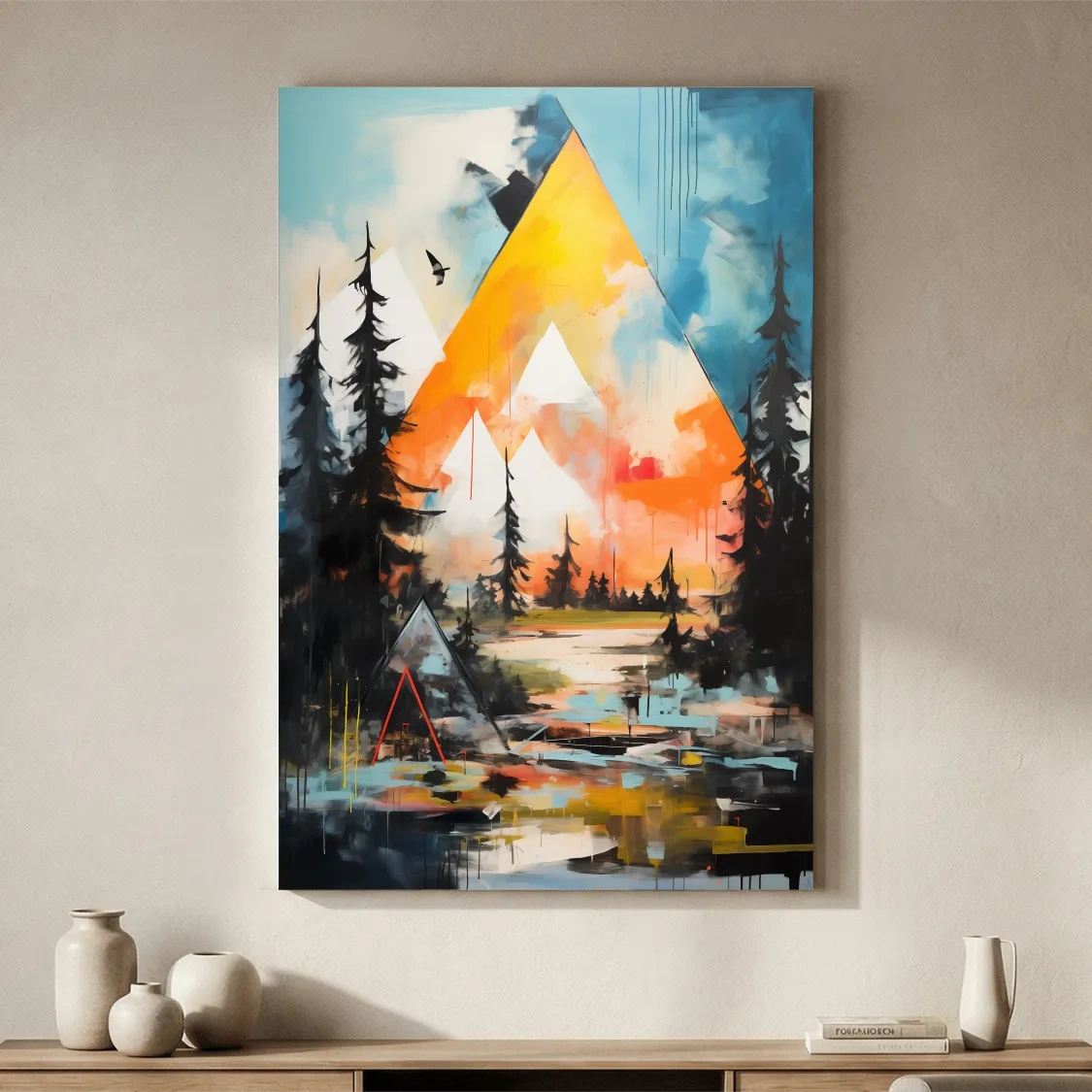 Vibrant Abstract Mountain Painting - Modern Geometric Alpine Forest Wall Art