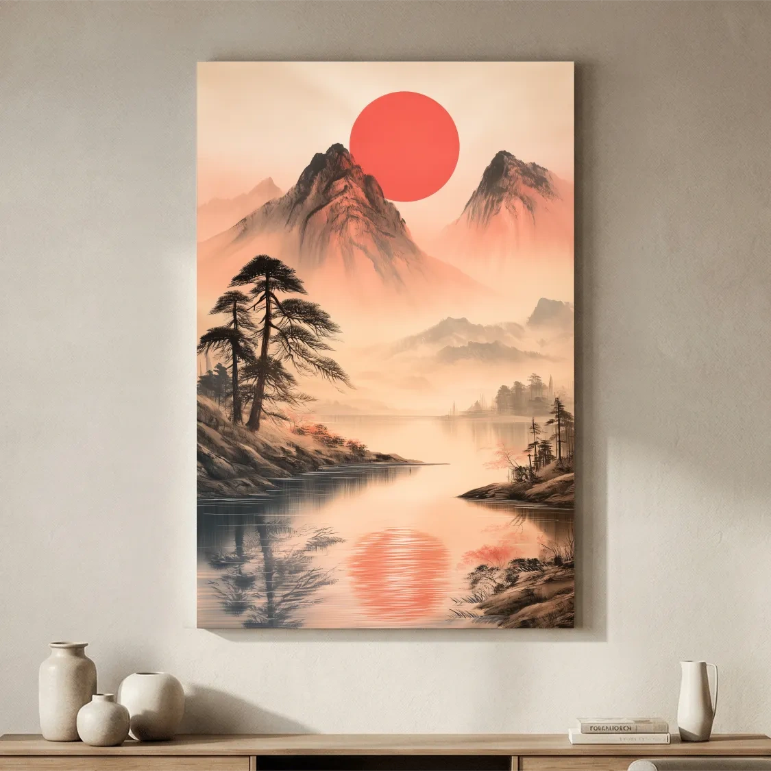 Zen Misty Mountain Lake Sunrise - Japanese Ink Wash Wall Art