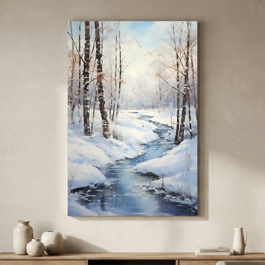 Serene Winter River Forest Painting - Snowy Woodland Wall Art