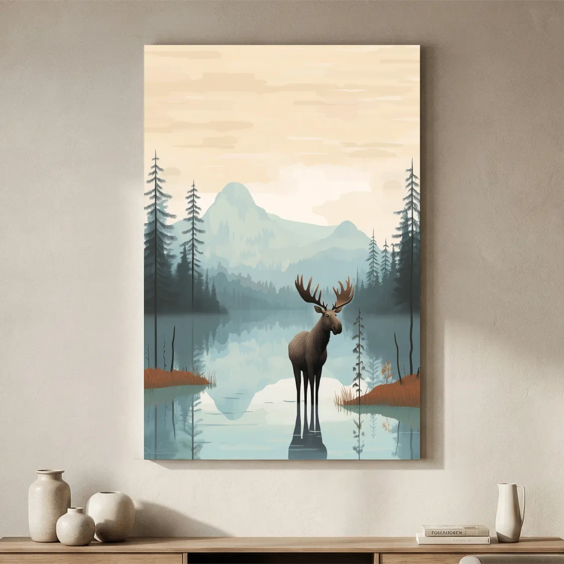 Moose Mountain Lake Illustration - Nursery Forest Mountain Wall Art