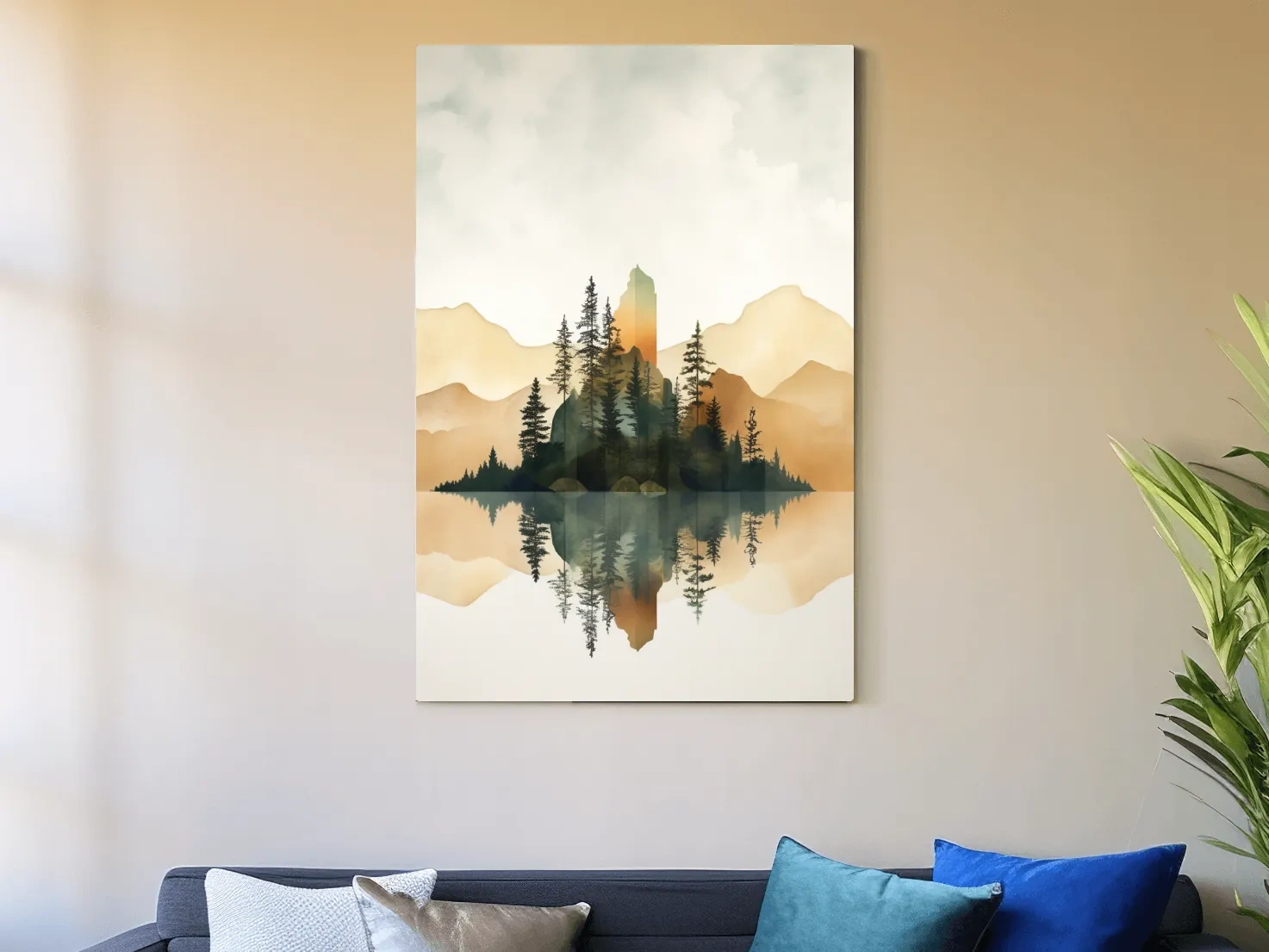 Alpine Mountain Lake Reflection Watercolor - Serene Pine Forest Wall Art