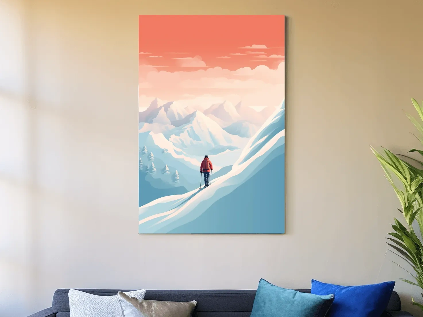 Backcountry skier in the mountains at sunset, minimal vector artwork