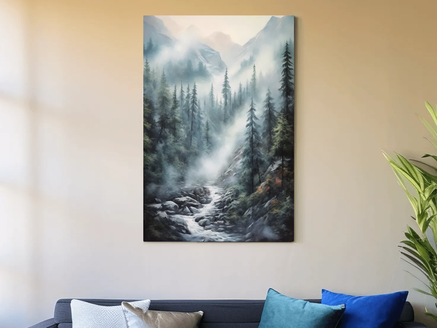 Misty Alpine Pine Forest River Painting - Moody Mountain Landscape Wall Art