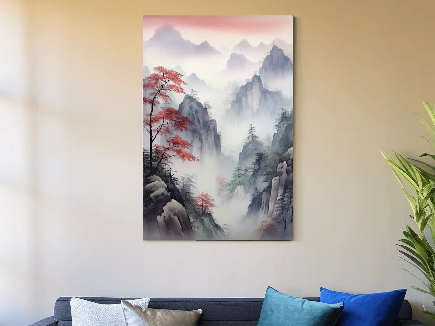 Chinese style ink wash watercolour painting of a foggy mountain scene