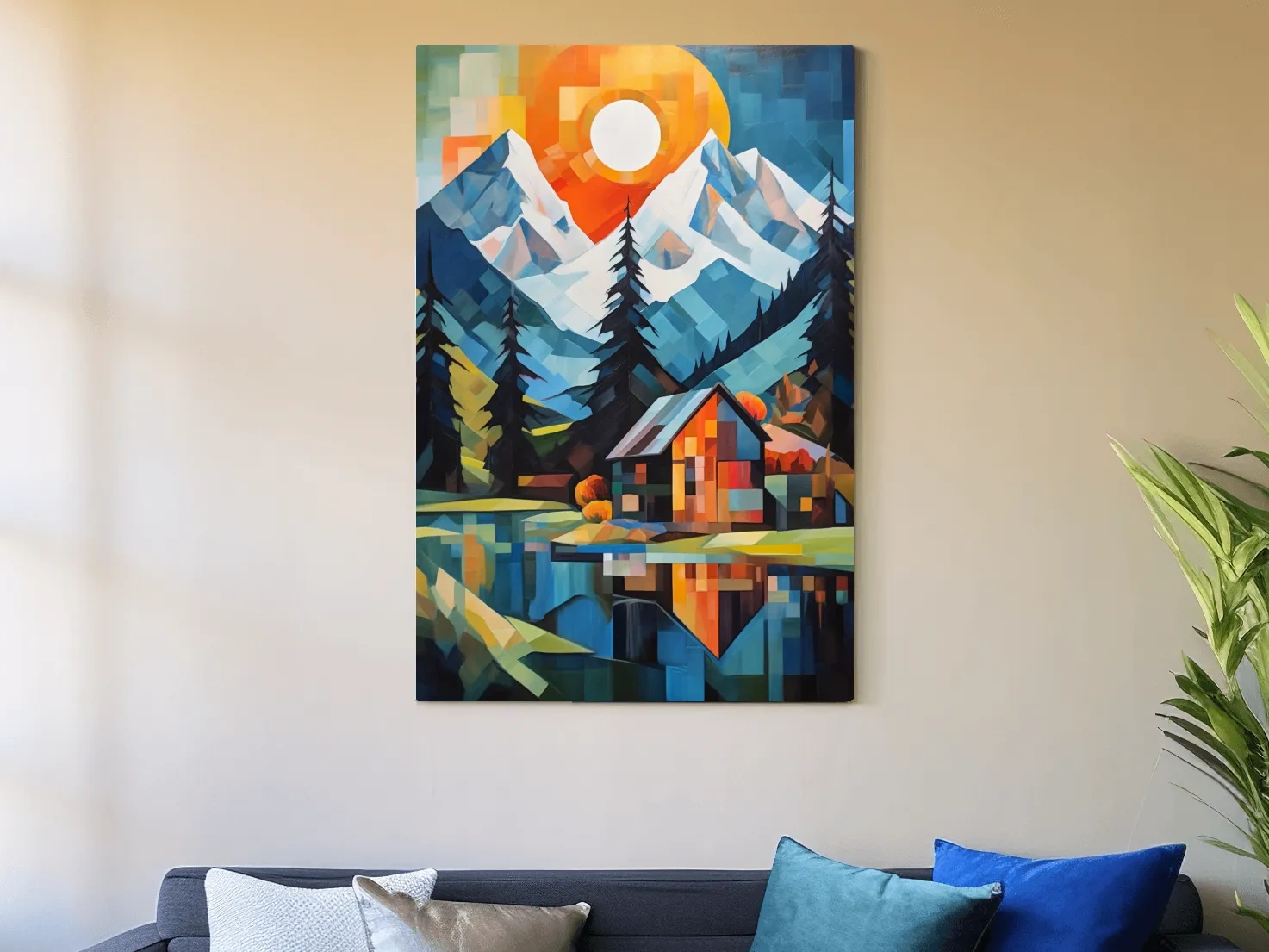 Geometric Alpine Cabin Lake Sunset - Vibrant Impressionist Mountain Wall Art