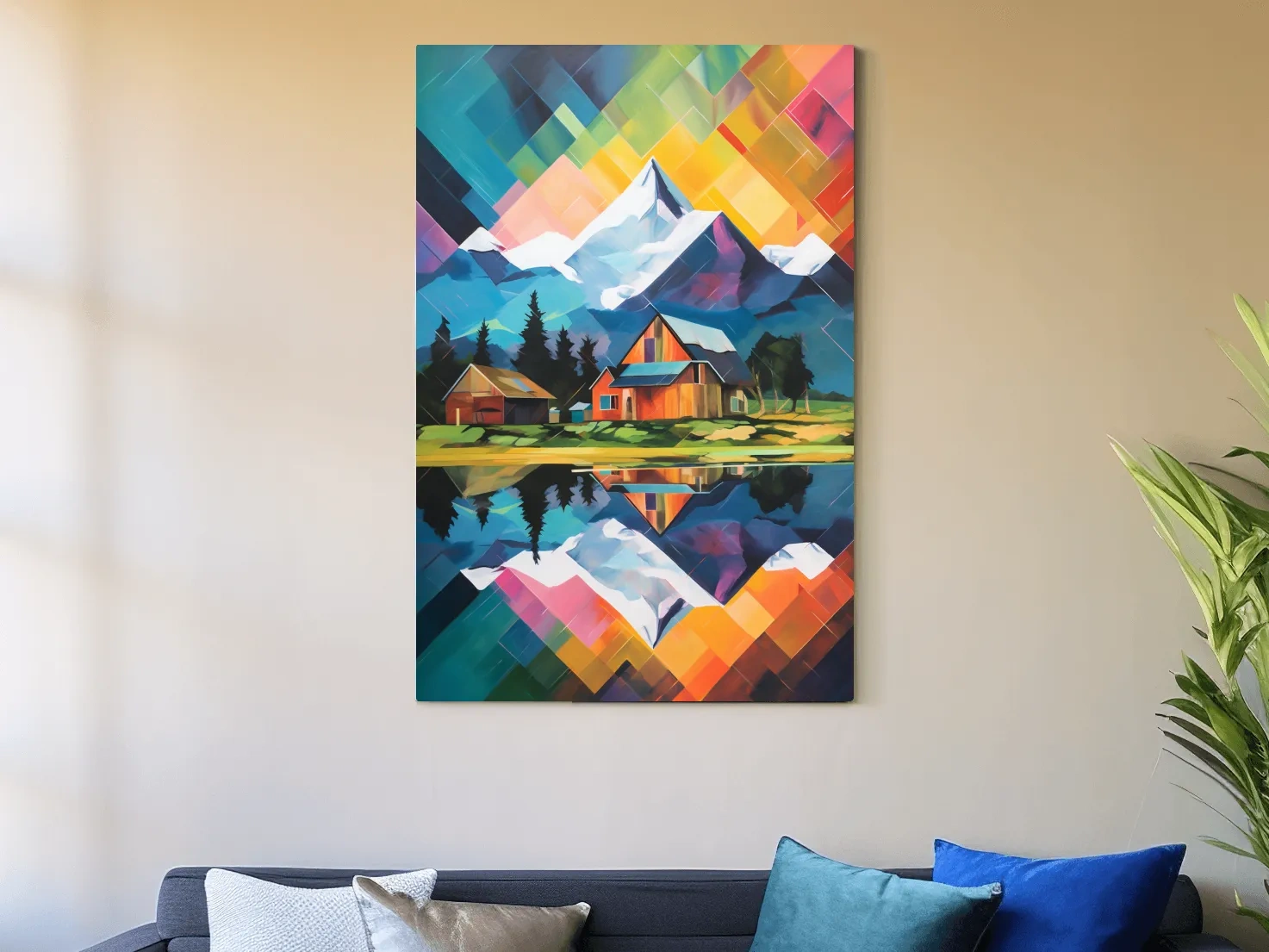 Vibrant Geometric Mountain Cabin Painting - Colorful Abstract Alpine Wall Art