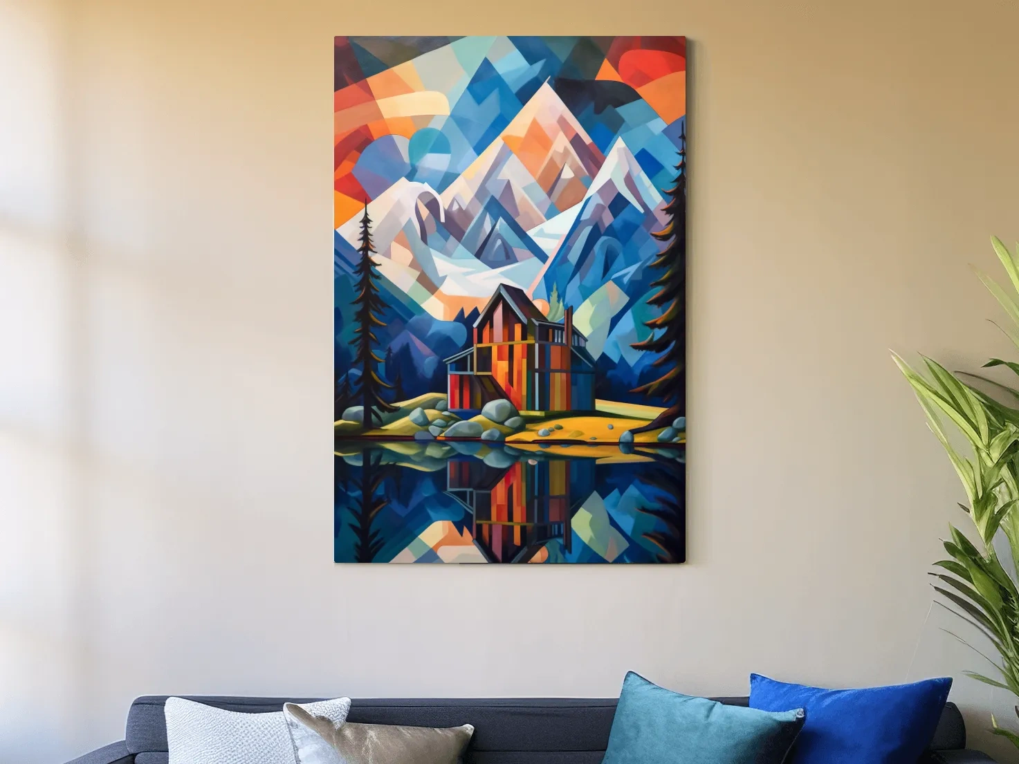 Vibrant Geometric Mountain Lake Cabin Painting - Abstract Alpine Wall Art